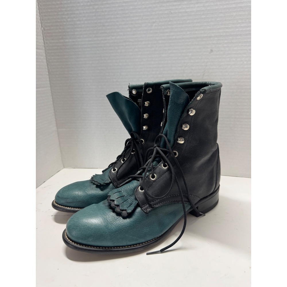 Laredo Vintage Two Tone Black Teal Leather Lace Up Packer Boots 31182 9M USA